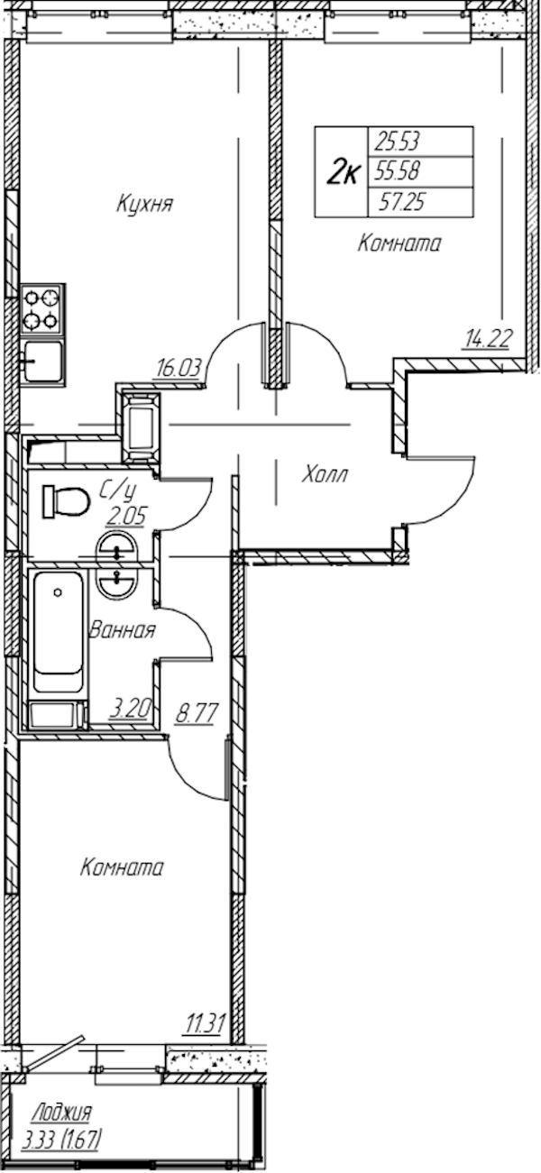 2-комнатная квартира 57.25 м², 14/22 эт., ЖК «Парк-квартал Юнтолово»